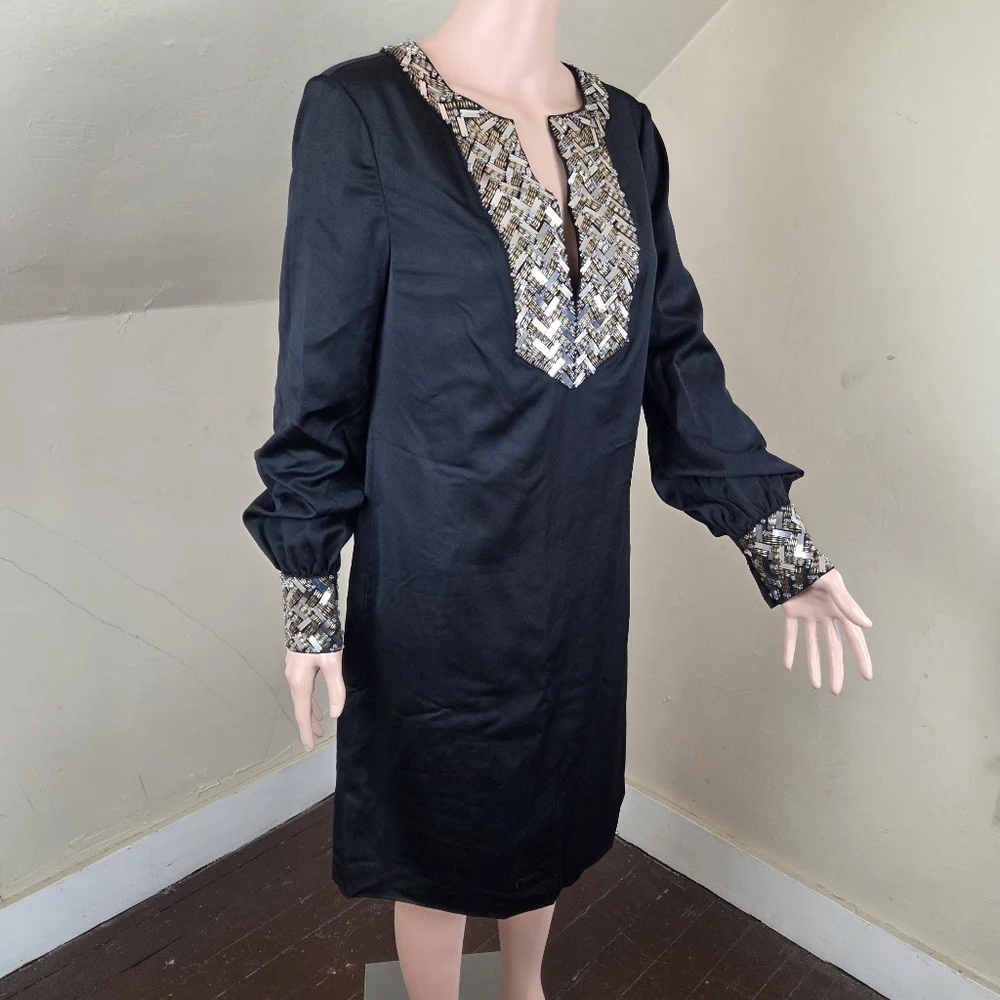Tory Burch Black Embellished Shift Dress Size 8 Long Sleeve Beaded Neckline